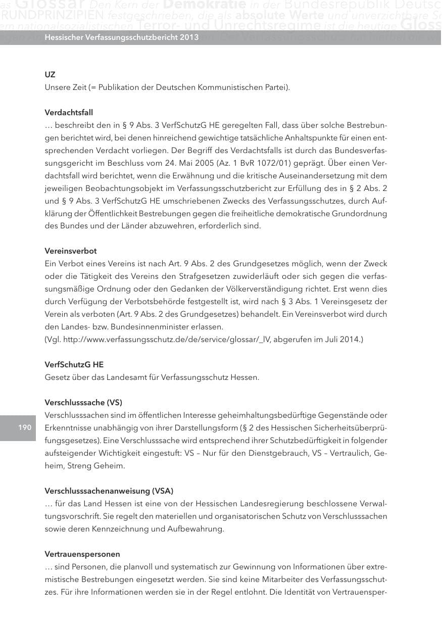 Seite 190 des Verfassungsschutzbericht 2013 Hessen