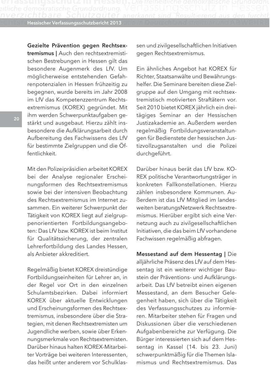 Seite 20 des Verfassungsschutzbericht 2013 Hessen
