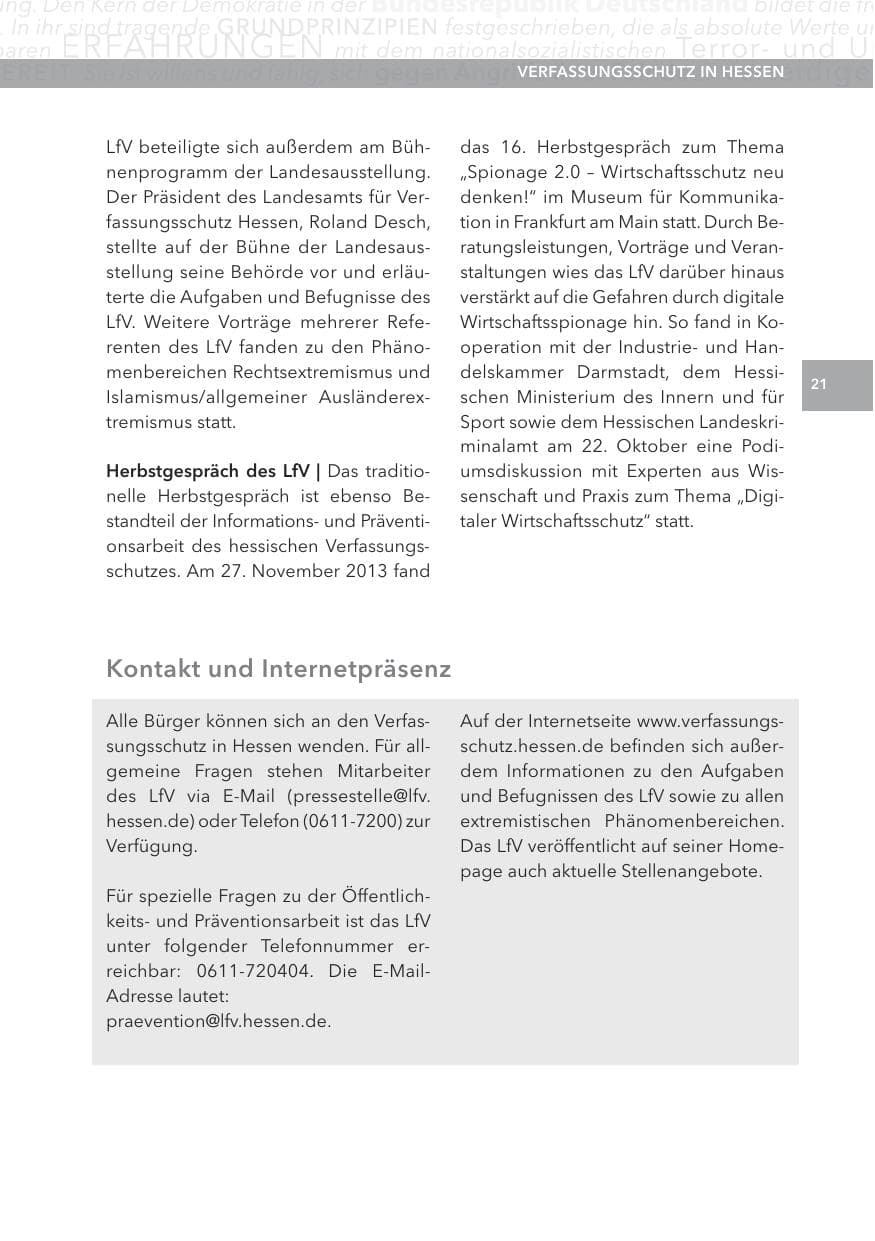 Seite 21 des Verfassungsschutzbericht 2013 Hessen