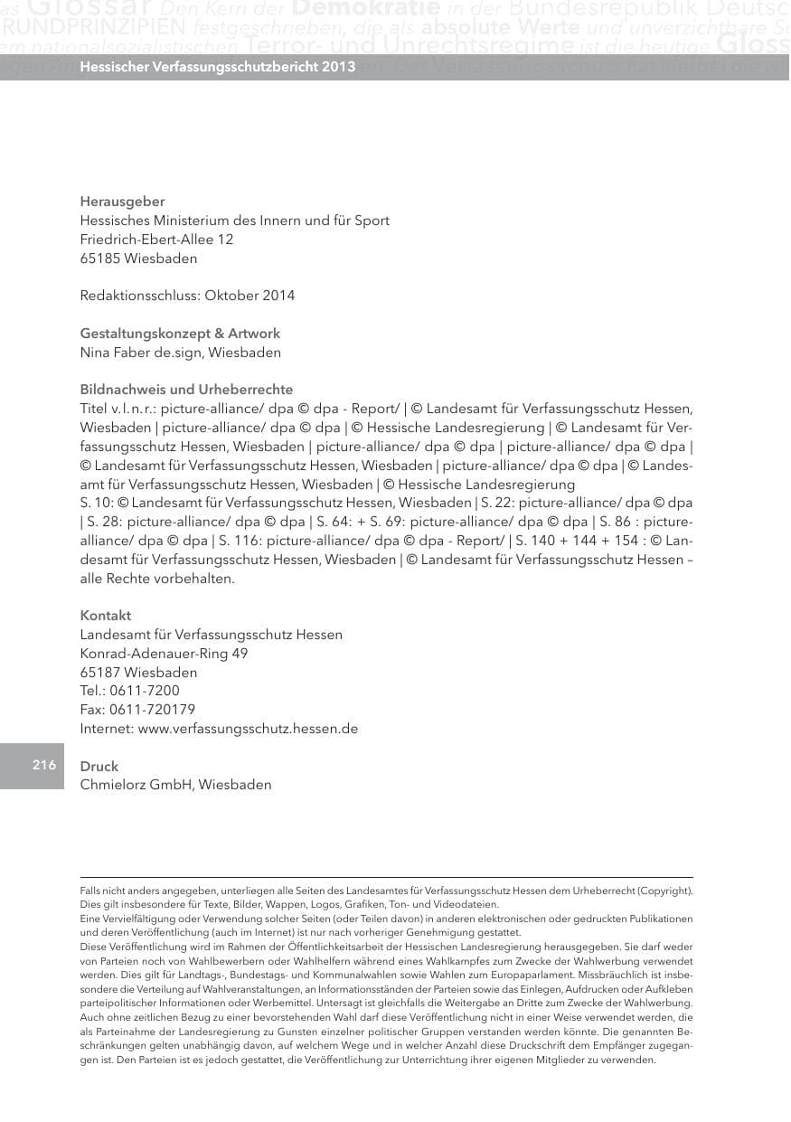 Seite 216 des Verfassungsschutzbericht 2013 Hessen