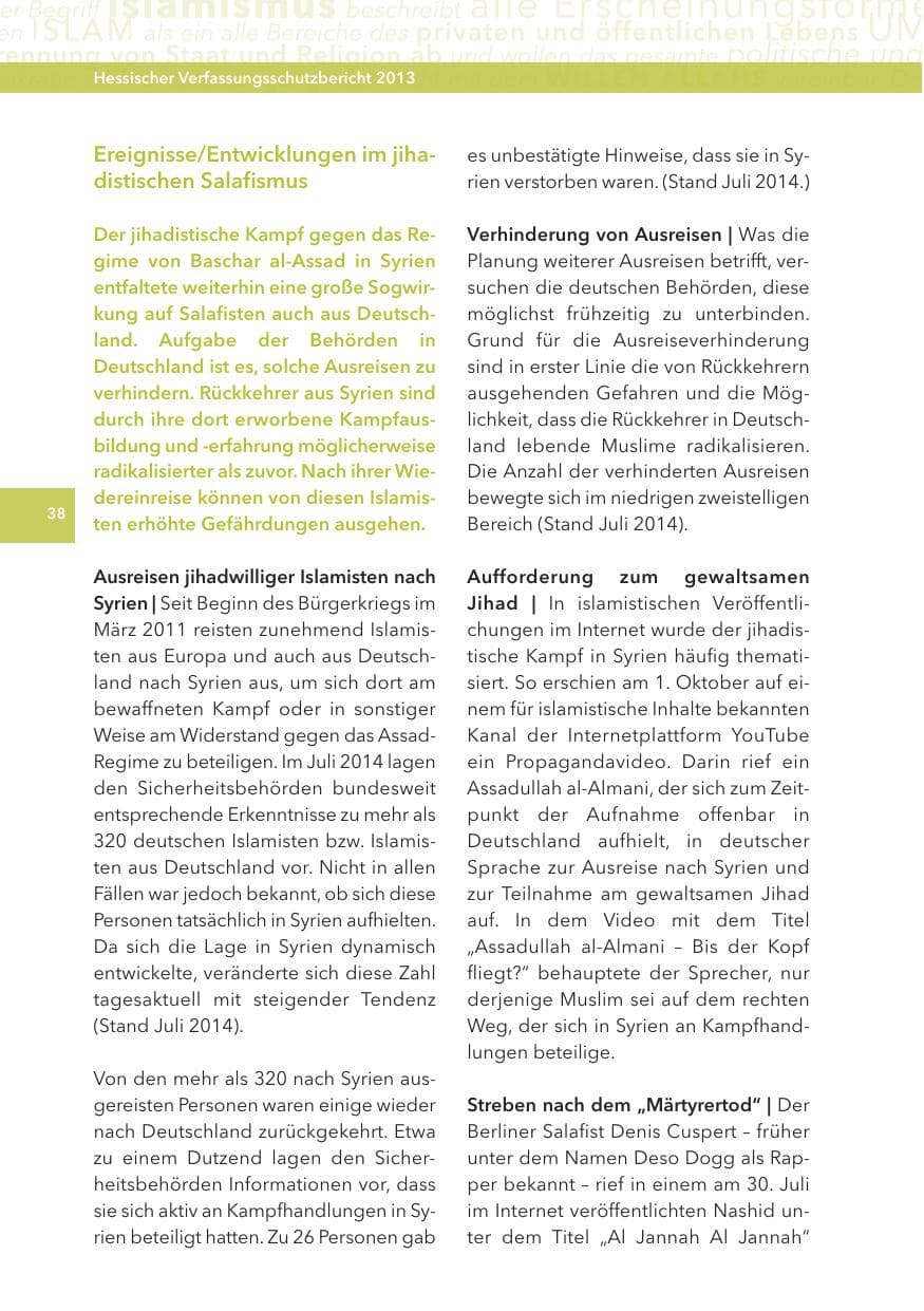 Seite 38 des Verfassungsschutzbericht 2013 Hessen