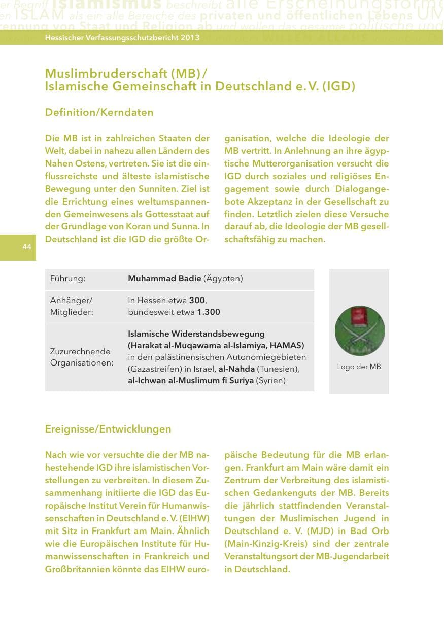 Seite 44 des Verfassungsschutzbericht 2013 Hessen
