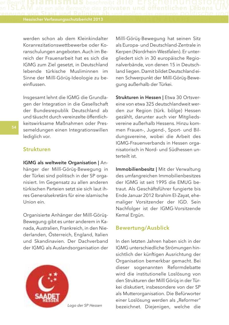 Seite 54 des Verfassungsschutzbericht 2013 Hessen