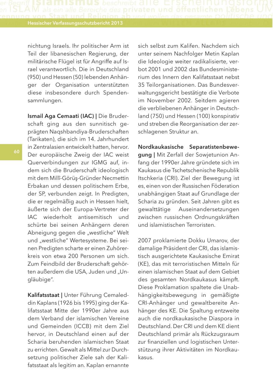 Seite 60 des Verfassungsschutzbericht 2013 Hessen