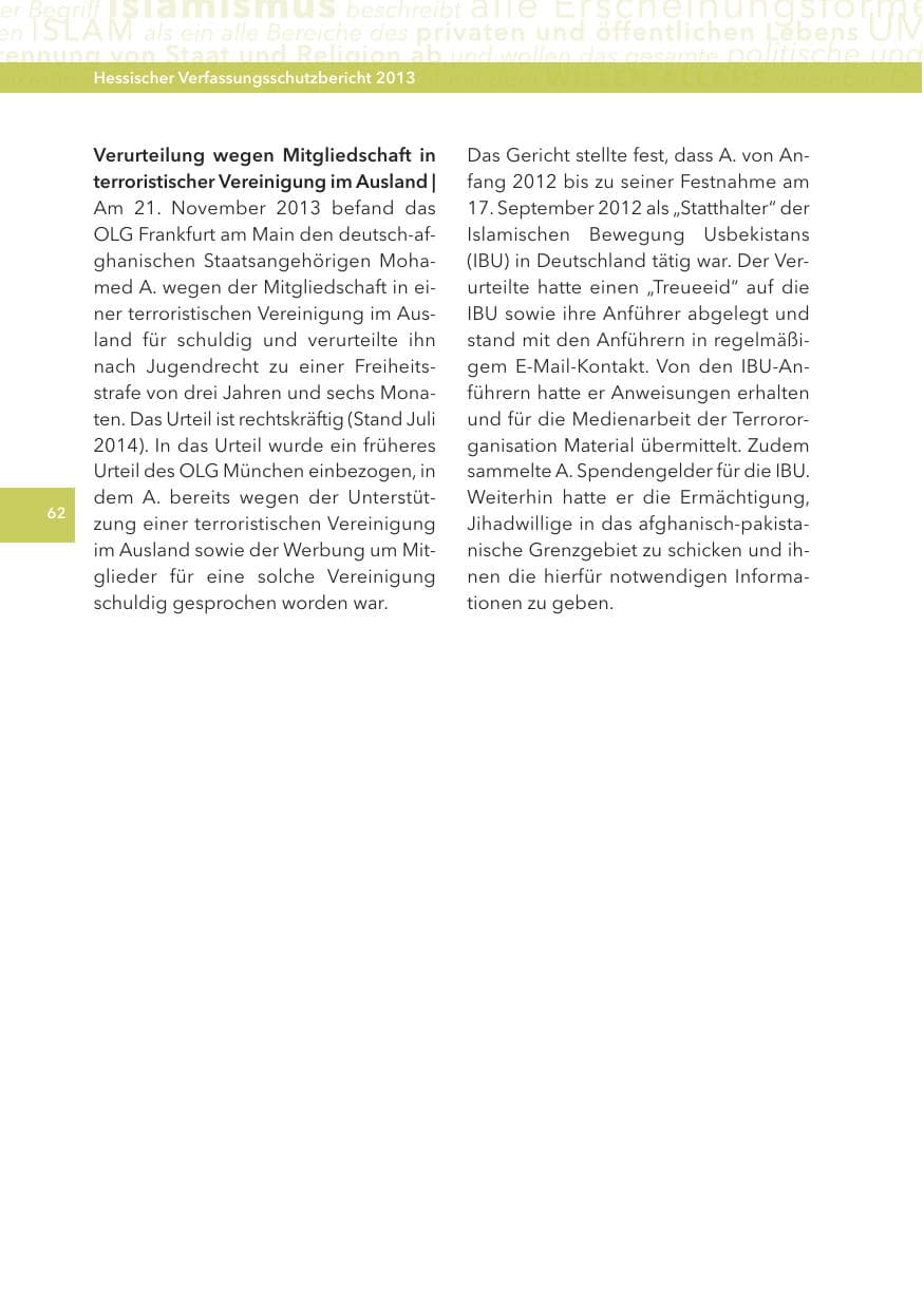 Seite 62 des Verfassungsschutzbericht 2013 Hessen