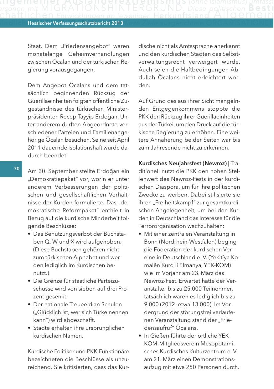 Seite 70 des Verfassungsschutzbericht 2013 Hessen