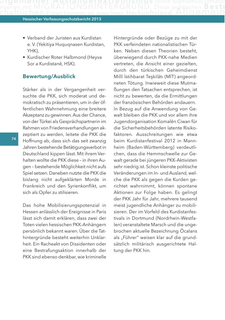 Seite 74 des Verfassungsschutzbericht 2013 Hessen