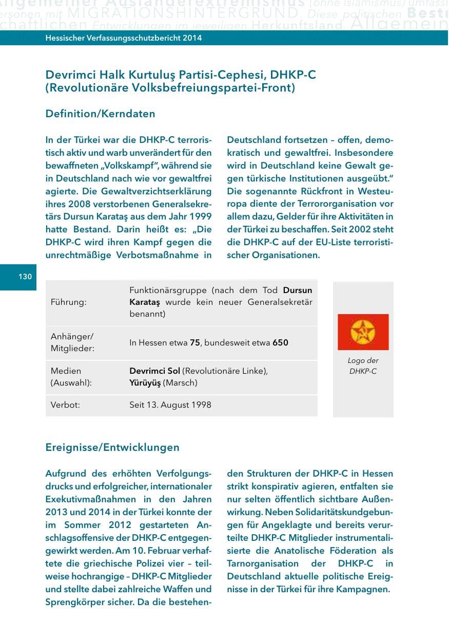 Seite 129 des Verfassungsschutzbericht 2014 Hessen