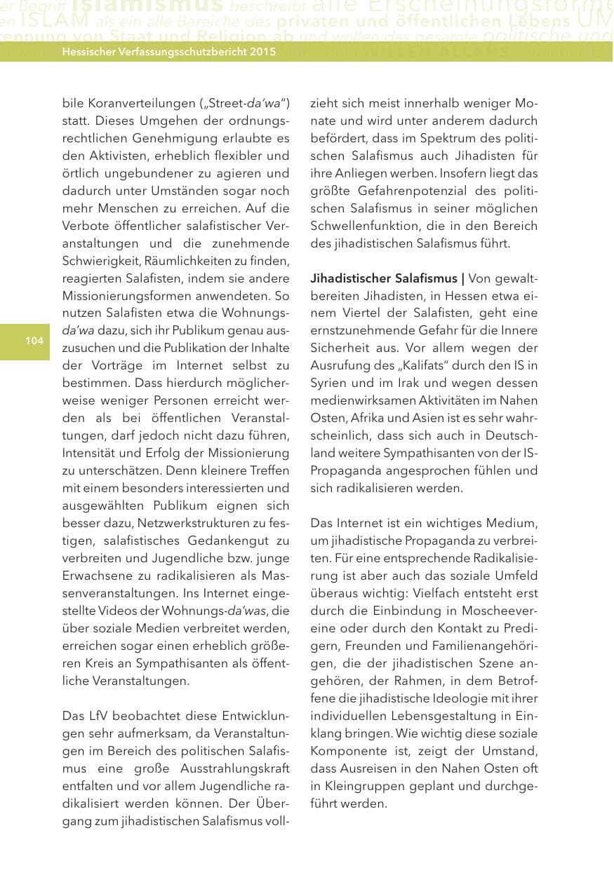 Seite 104 des Verfassungsschutzbericht 2015 Hessen