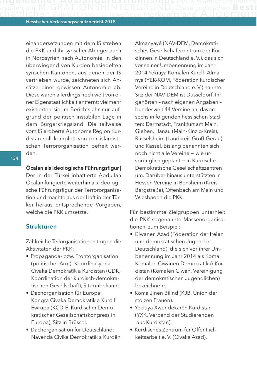 Seite 134 des Verfassungsschutzbericht 2015 Hessen