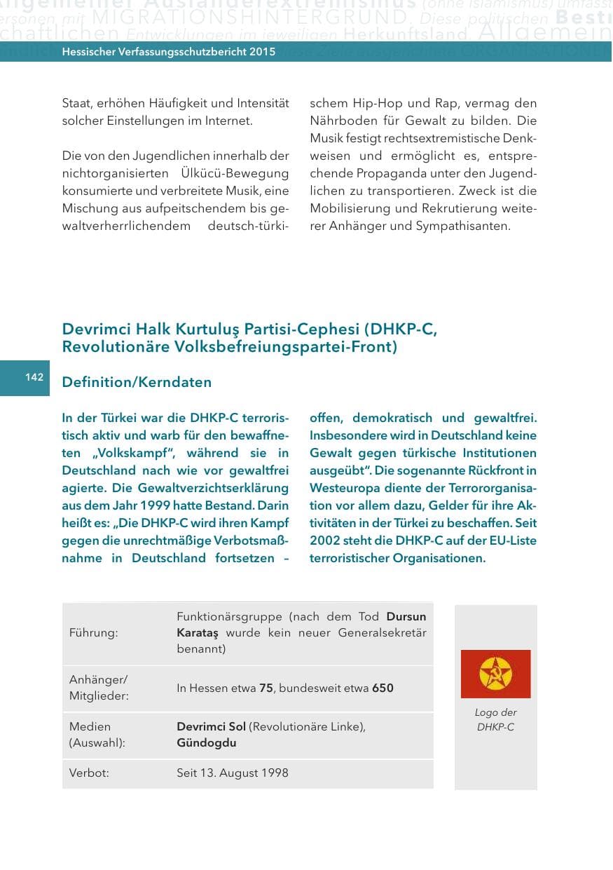 Seite 142 des Verfassungsschutzbericht 2015 Hessen