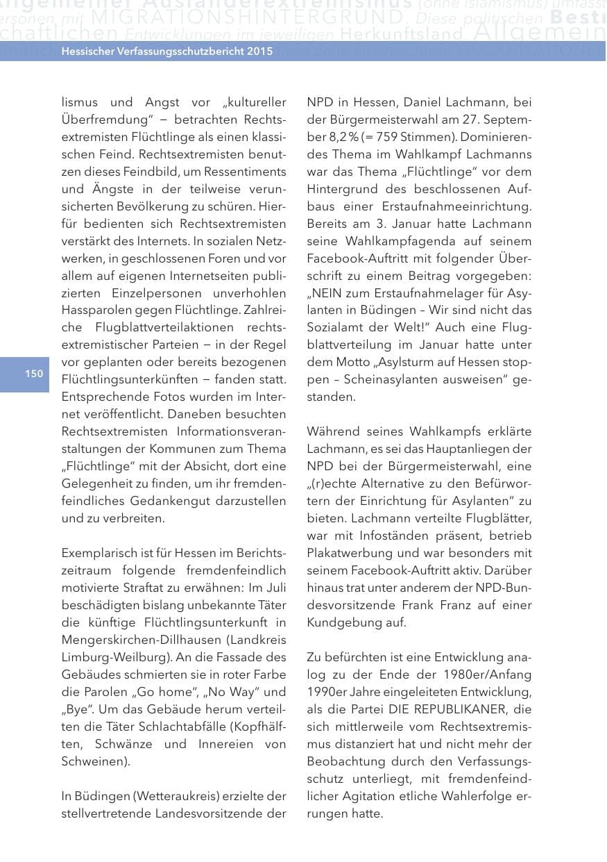 Seite 150 des Verfassungsschutzbericht 2015 Hessen