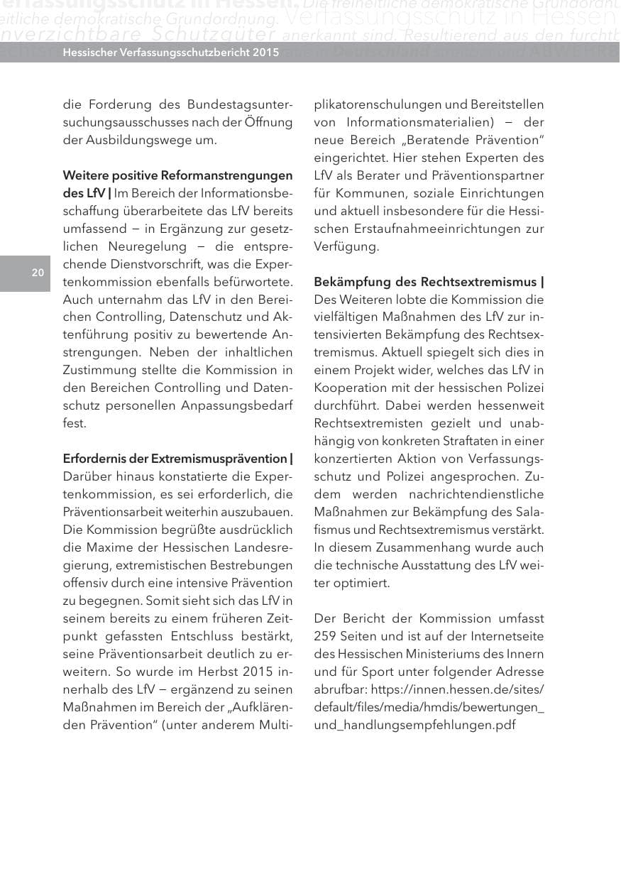 Seite 20 des Verfassungsschutzbericht 2015 Hessen