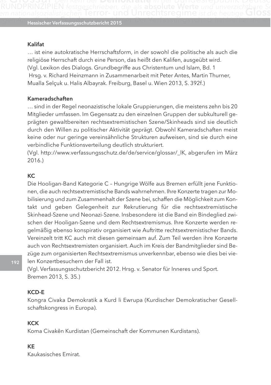 Seite 192 des Verfassungsschutzbericht 2015 Hessen