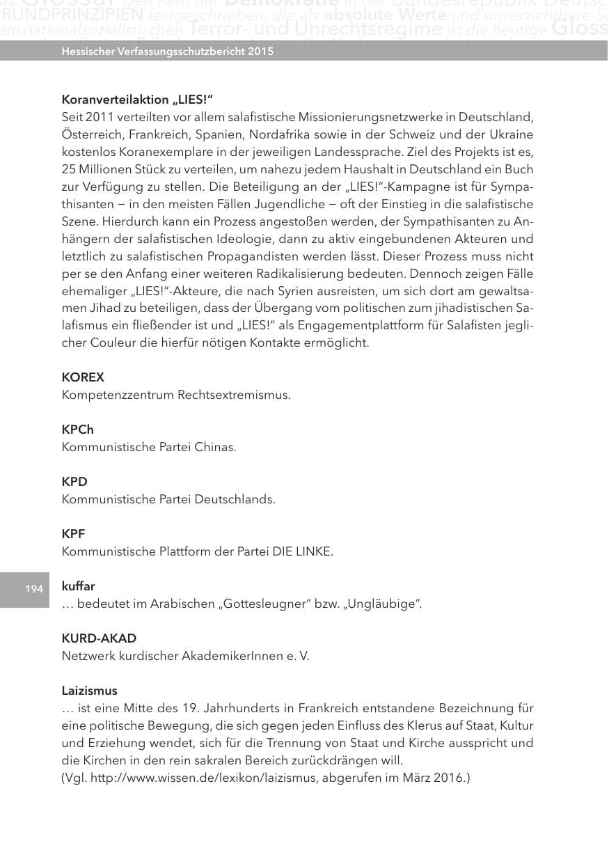 Seite 194 des Verfassungsschutzbericht 2015 Hessen