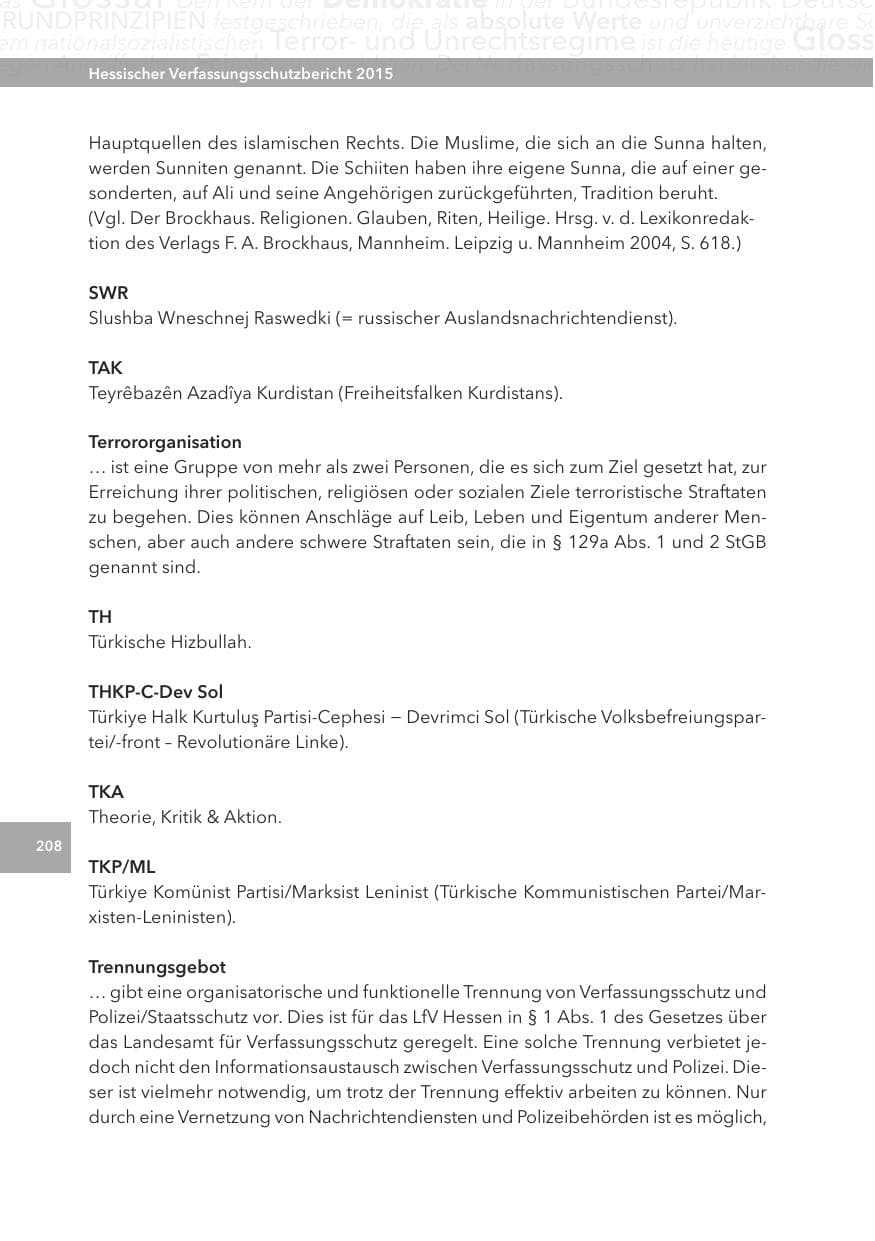Seite 208 des Verfassungsschutzbericht 2015 Hessen