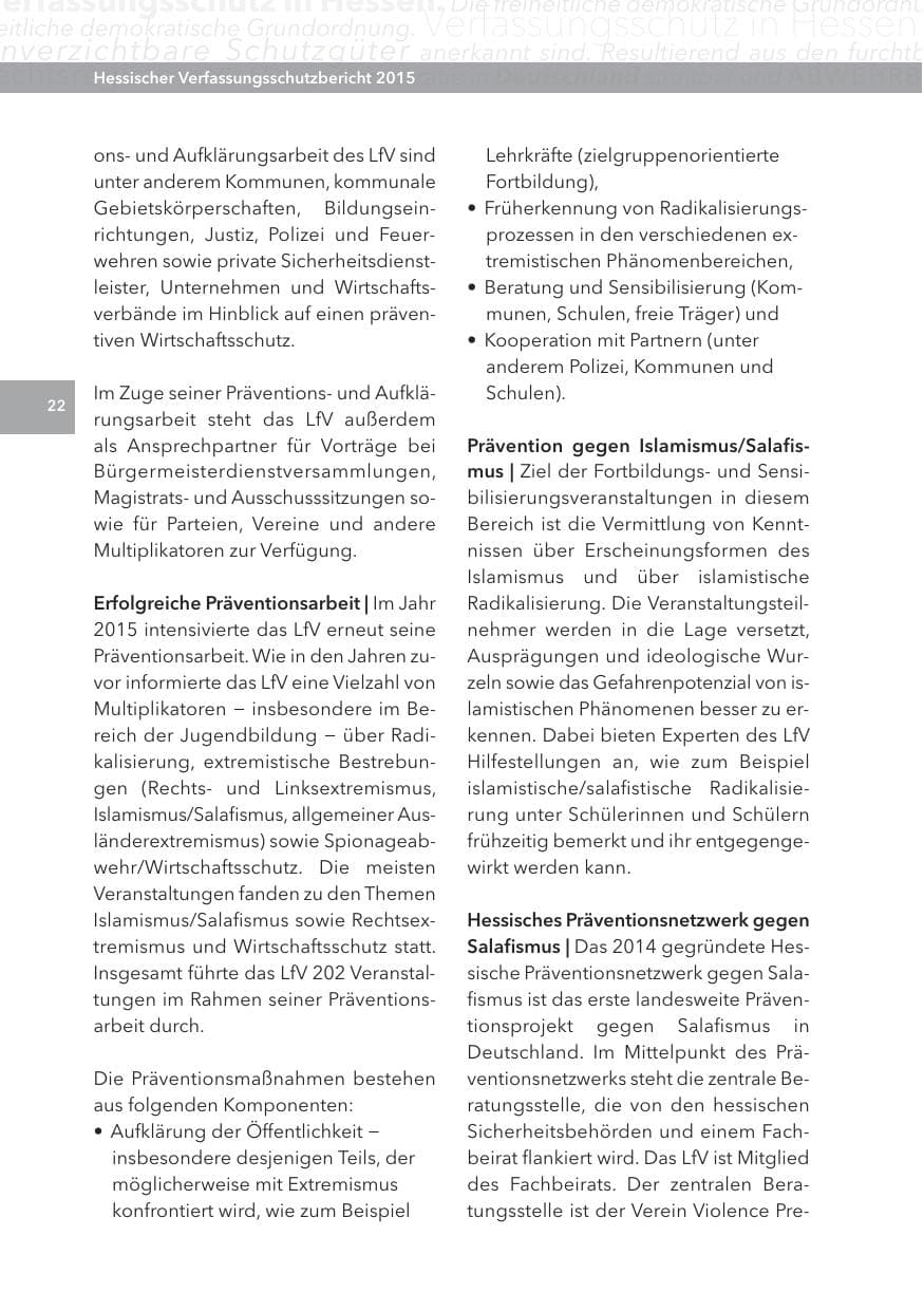 Seite 22 des Verfassungsschutzbericht 2015 Hessen