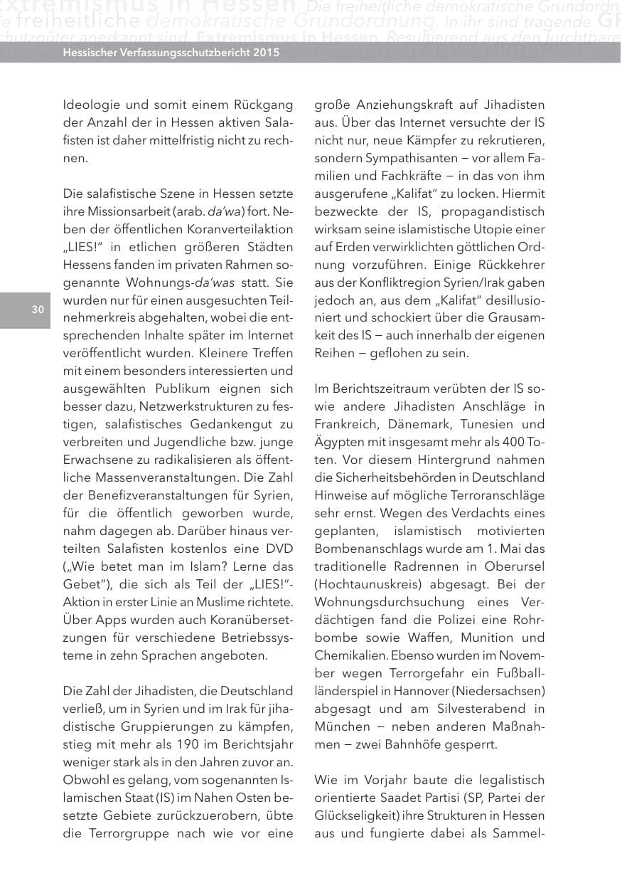 Seite 30 des Verfassungsschutzbericht 2015 Hessen
