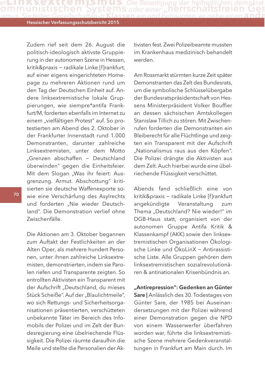 Seite 70 des Verfassungsschutzbericht 2015 Hessen