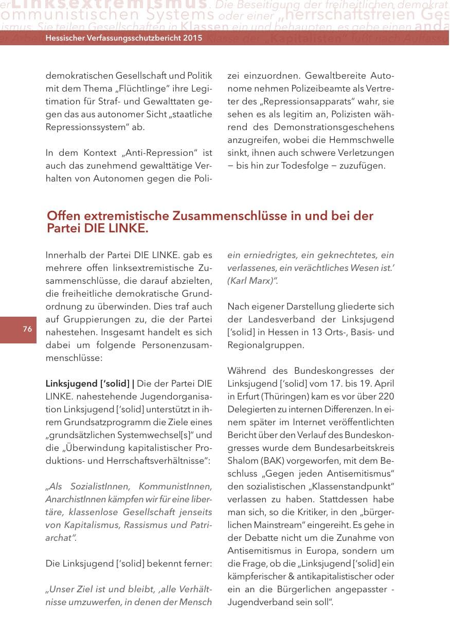 Seite 76 des Verfassungsschutzbericht 2015 Hessen