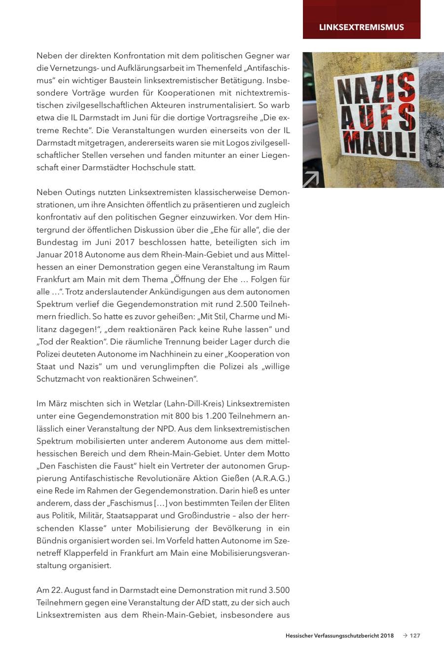 Seite 129 des Verfassungsschutzbericht 2018 Hessen
