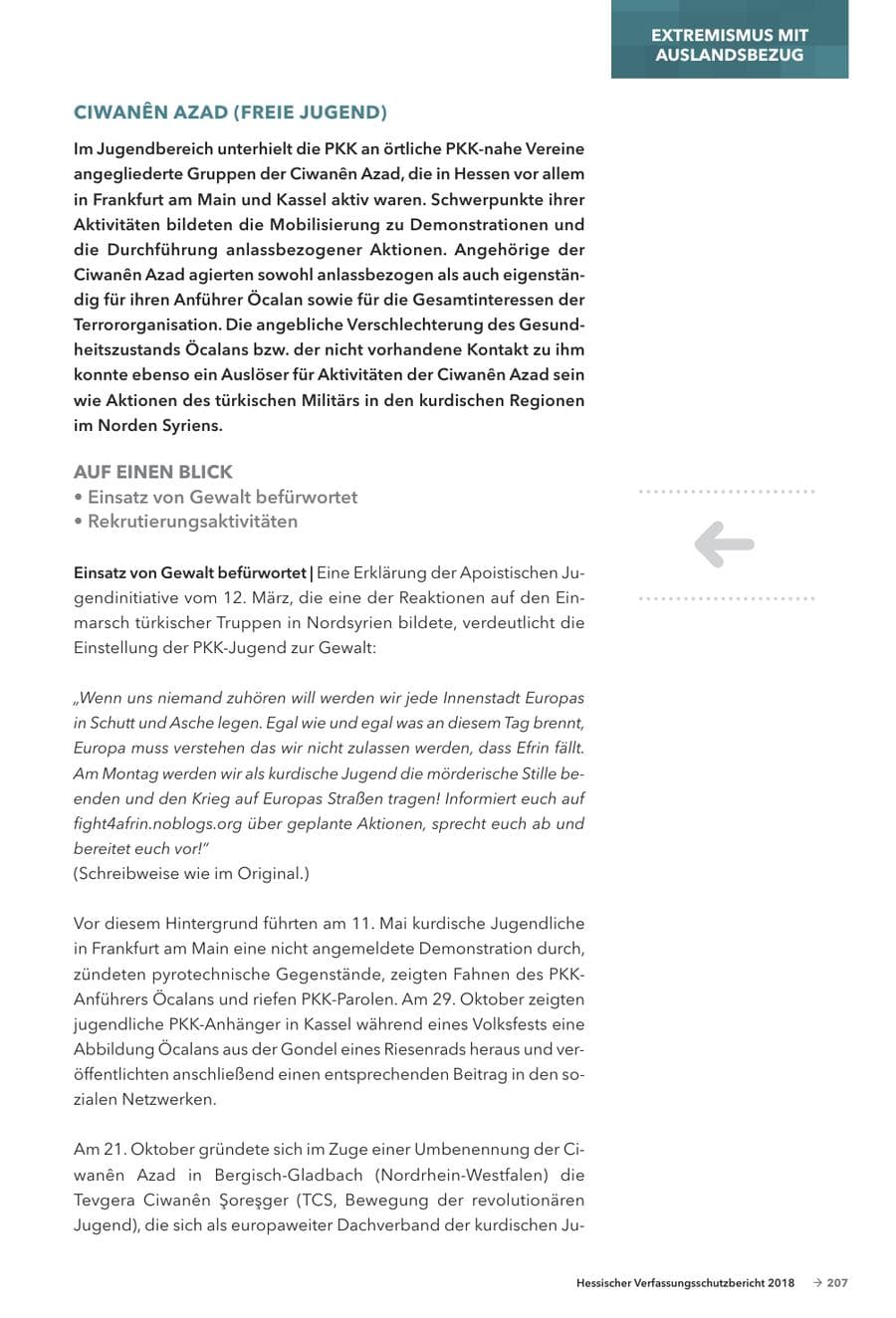 Seite 209 des Verfassungsschutzbericht 2018 Hessen