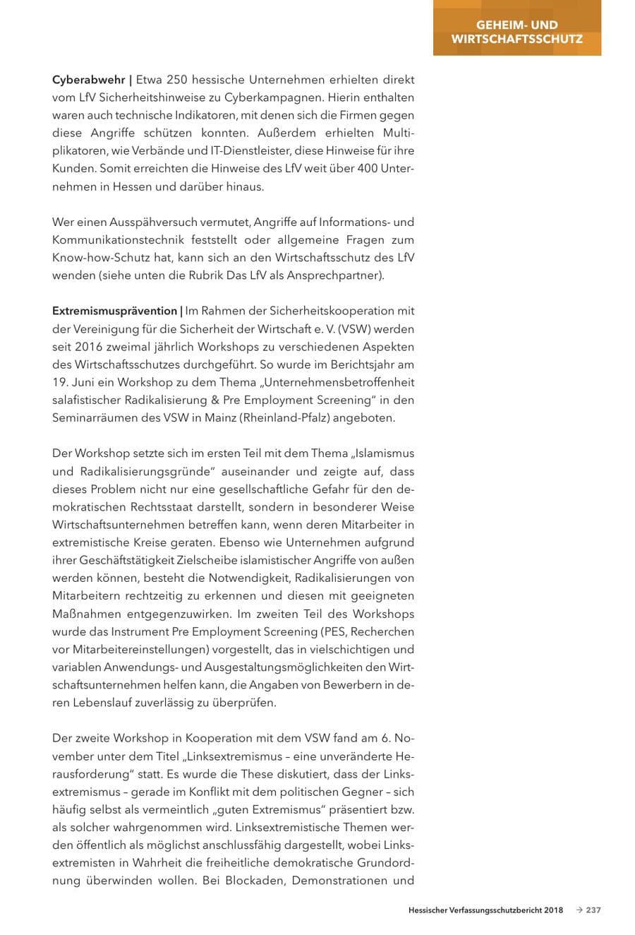 Seite 239 des Verfassungsschutzbericht 2018 Hessen