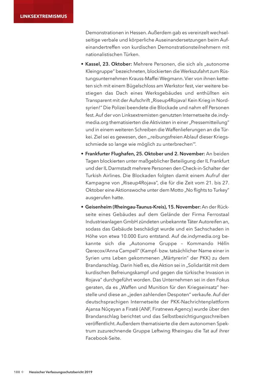 Seite 190 des Verfassungsschutzbericht 2019 Hessen