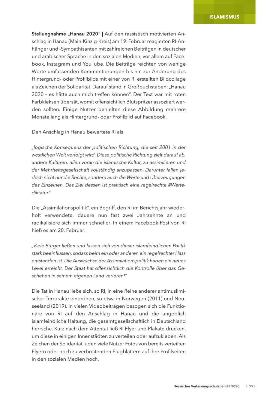 Seite 197 des Verfassungsschutzbericht 2020 Hessen