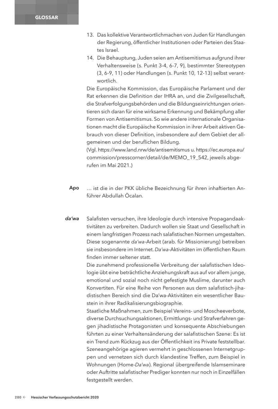 Seite 282 des Verfassungsschutzbericht 2020 Hessen