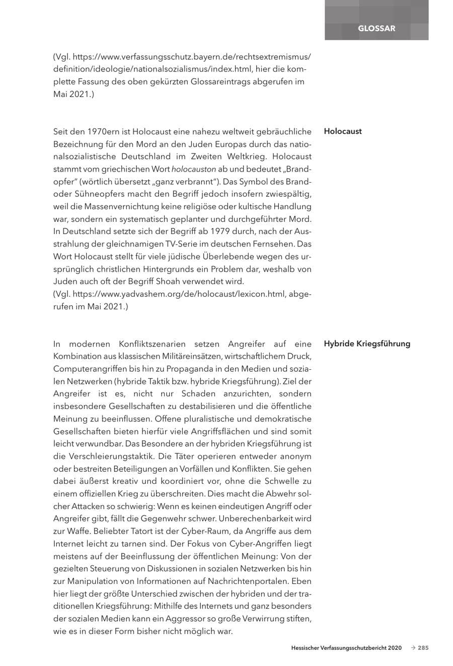 Seite 287 des Verfassungsschutzbericht 2020 Hessen