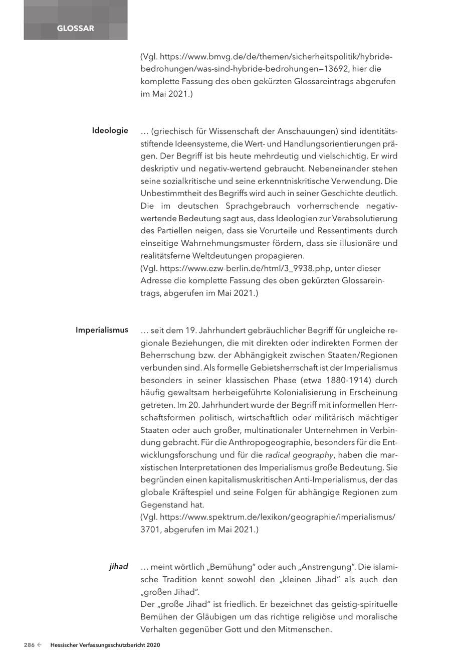 Seite 288 des Verfassungsschutzbericht 2020 Hessen