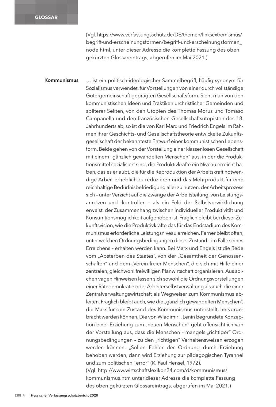 Seite 290 des Verfassungsschutzbericht 2020 Hessen