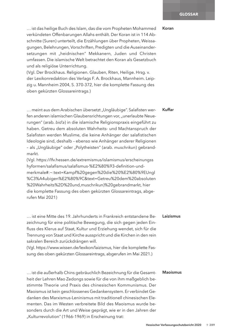 Seite 291 des Verfassungsschutzbericht 2020 Hessen