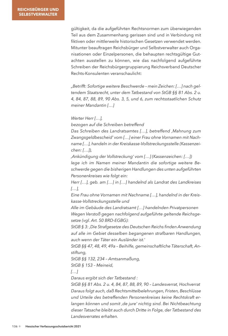 Seite 138 des Verfassungsschutzbericht 2021 Hessen