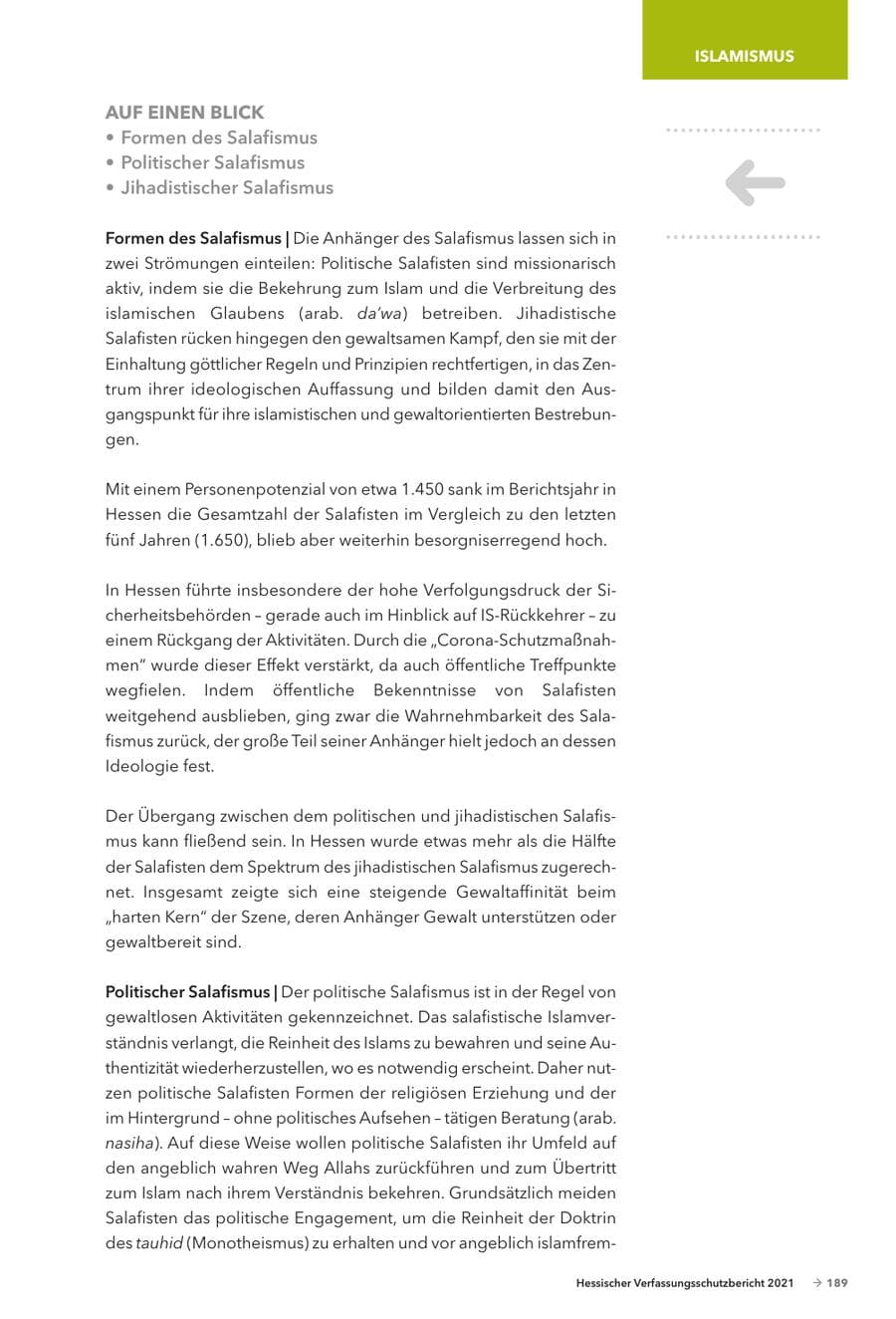 Seite 191 des Verfassungsschutzbericht 2021 Hessen