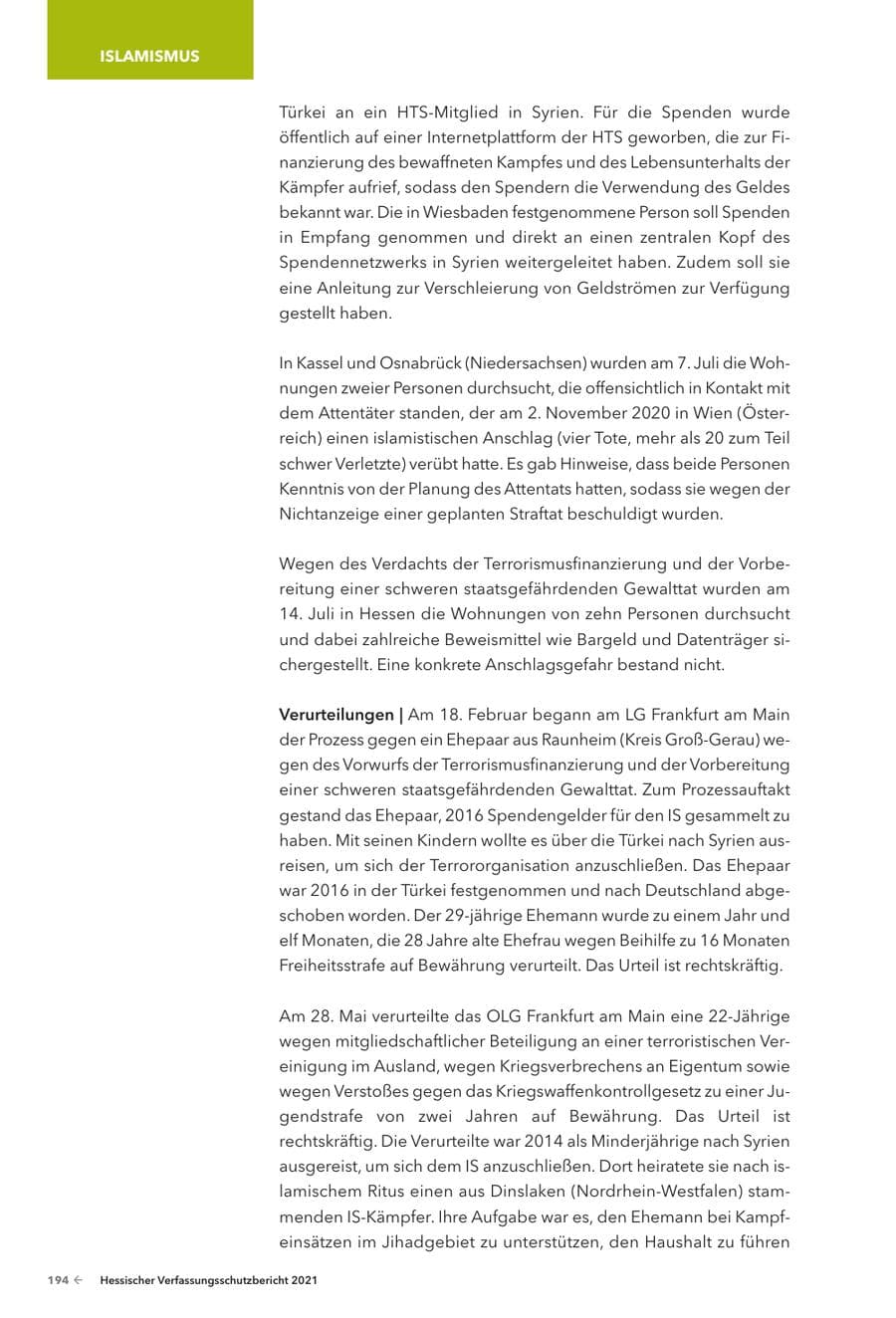 Seite 196 des Verfassungsschutzbericht 2021 Hessen