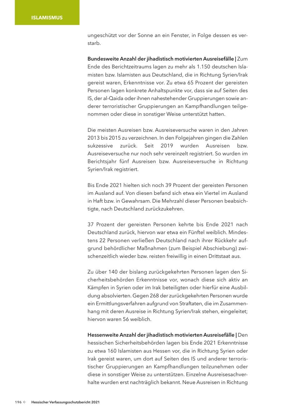 Seite 198 des Verfassungsschutzbericht 2021 Hessen