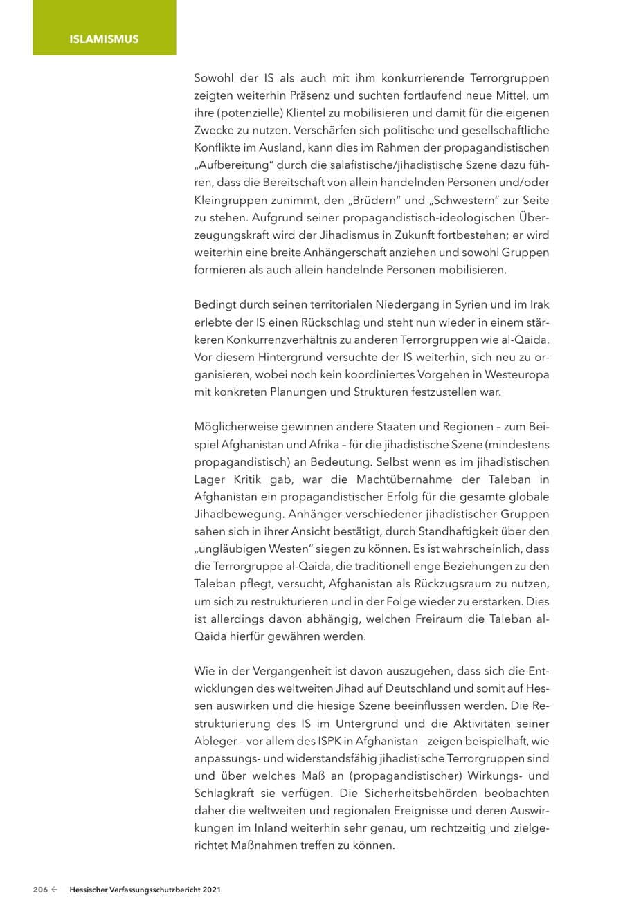 Seite 208 des Verfassungsschutzbericht 2021 Hessen