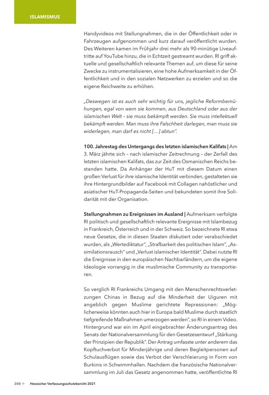 Seite 210 des Verfassungsschutzbericht 2021 Hessen