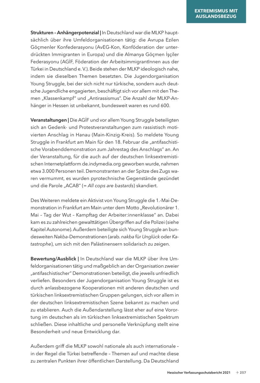 Seite 259 des Verfassungsschutzbericht 2021 Hessen