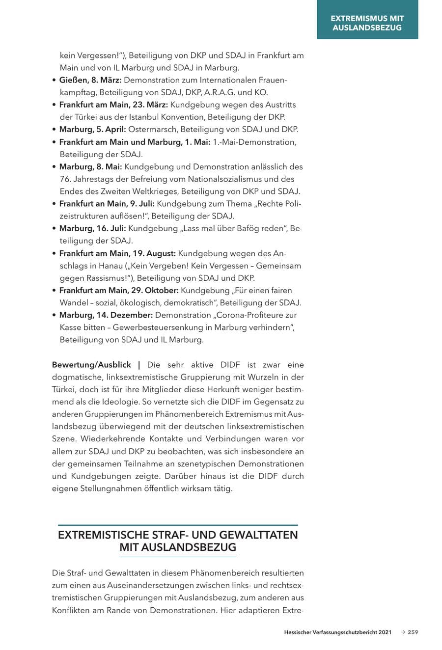 Seite 261 des Verfassungsschutzbericht 2021 Hessen