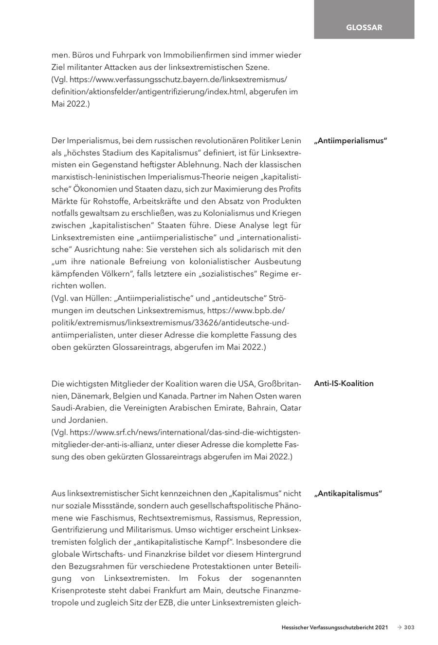 Seite 305 des Verfassungsschutzbericht 2021 Hessen