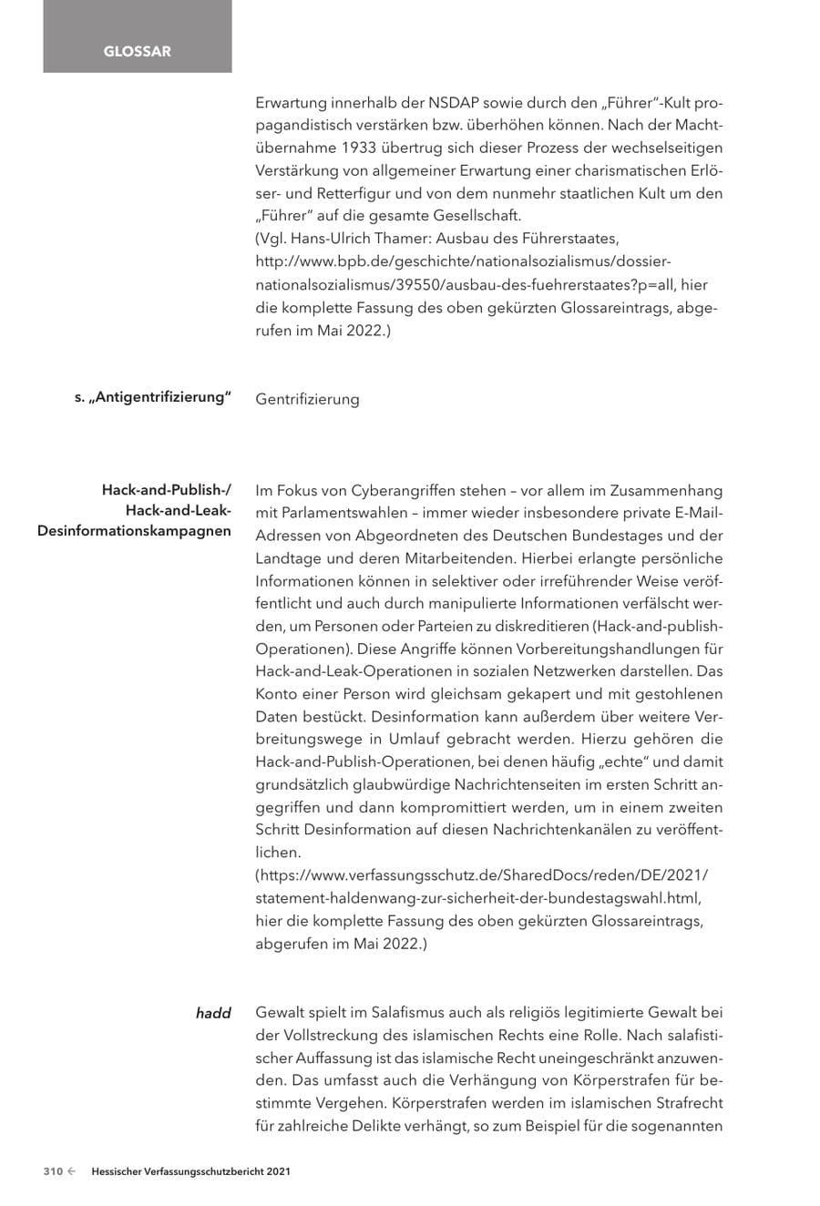 Seite 312 des Verfassungsschutzbericht 2021 Hessen