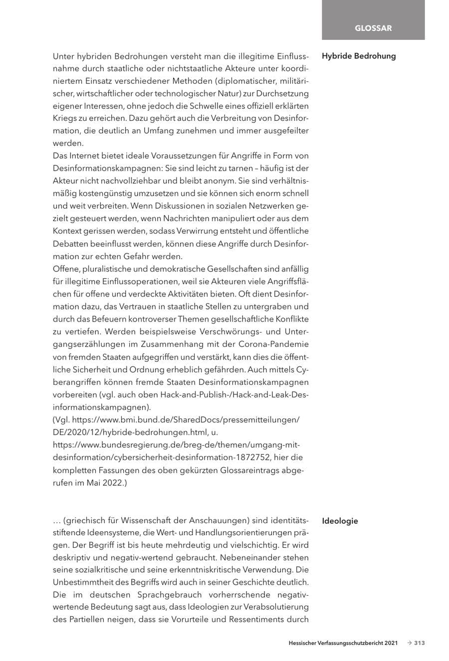 Seite 315 des Verfassungsschutzbericht 2021 Hessen