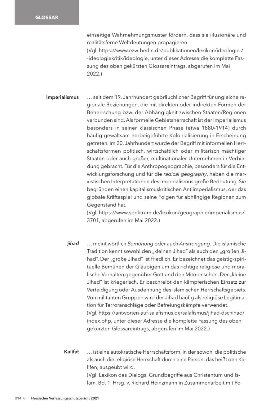 Seite 316 des Verfassungsschutzbericht 2021 Hessen