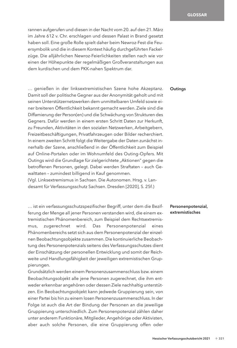 Seite 323 des Verfassungsschutzbericht 2021 Hessen