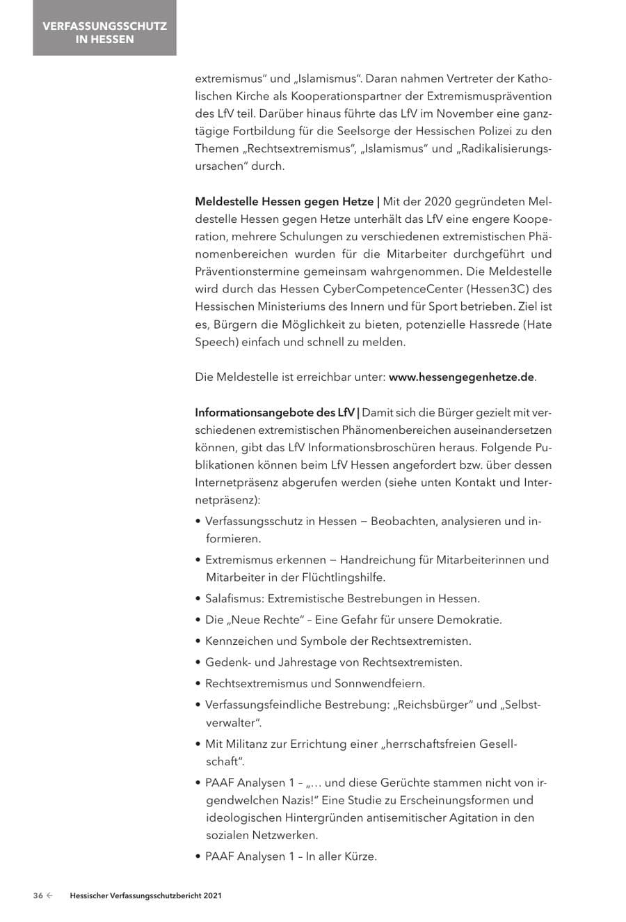 Seite 38 des Verfassungsschutzbericht 2021 Hessen
