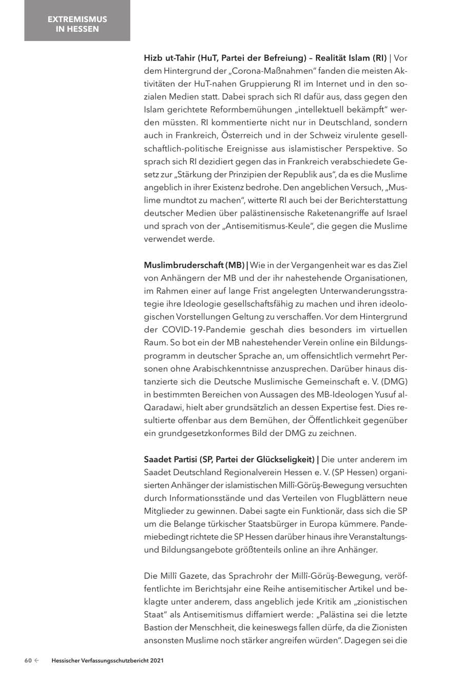 Seite 62 des Verfassungsschutzbericht 2021 Hessen