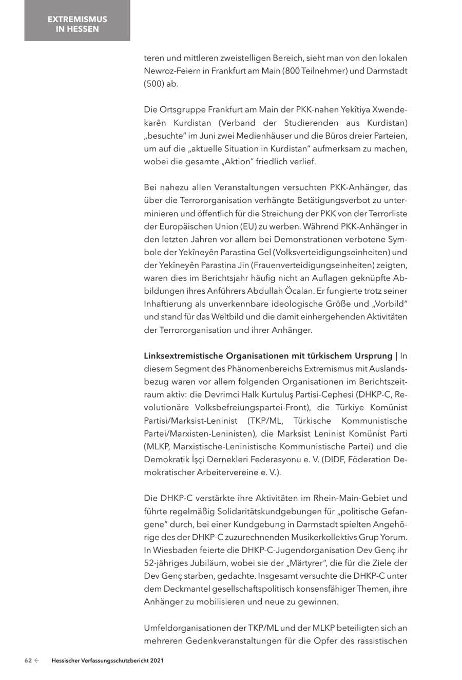 Seite 64 des Verfassungsschutzbericht 2021 Hessen